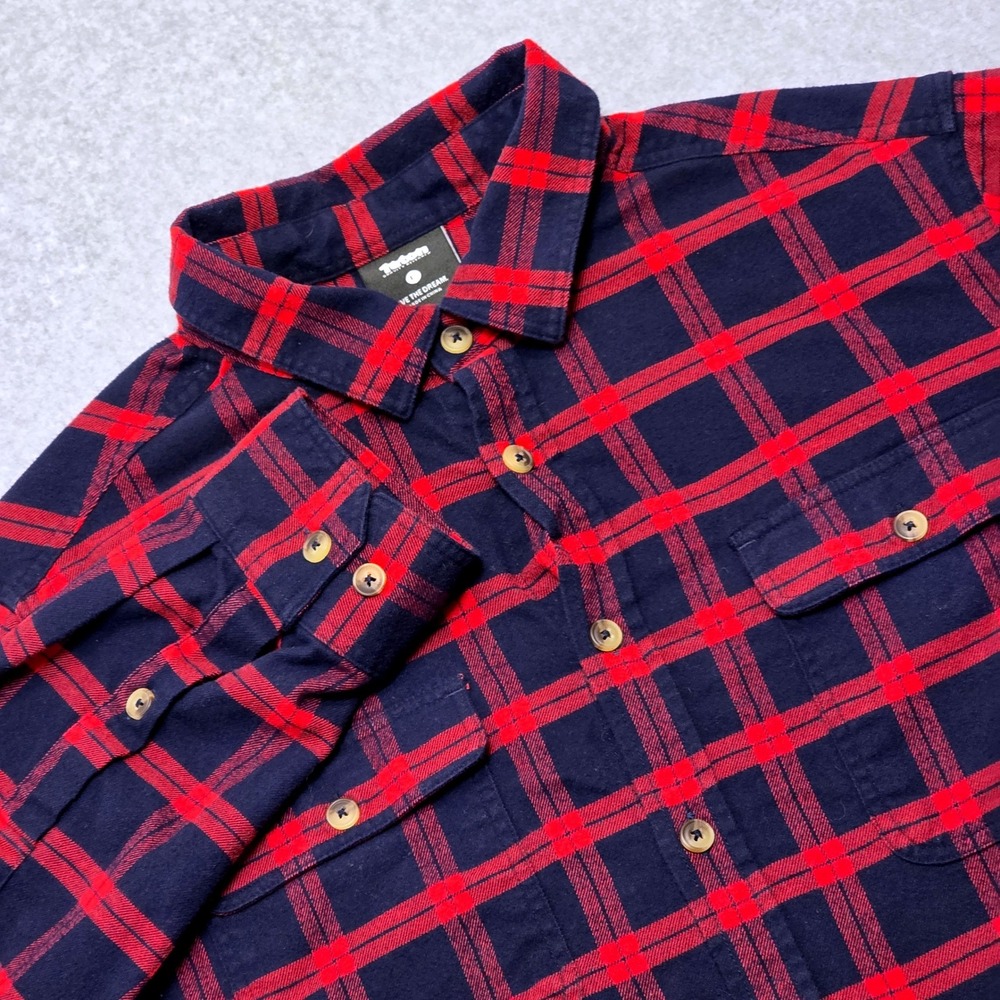 Teton Gravity Research Mens Large Red Navy Blue Plaid Flannel Button Down Shirt